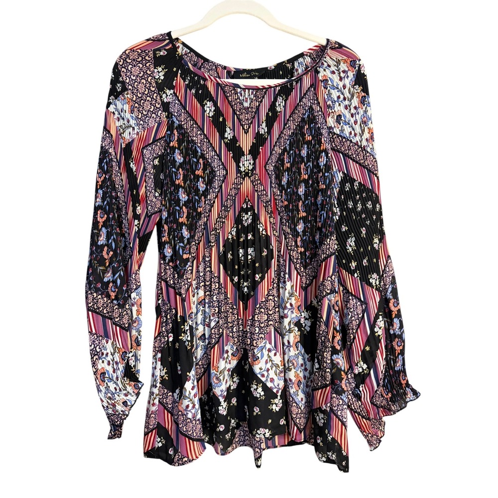 Melissa Paige Womens Pleated Patchwork Floral Blouse Multi Color‎ Long Sleeve L